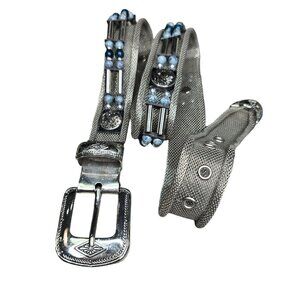 Handcrafted Silver Metal Mesh Belt With Ornate Buckle & Blue Beads Size M